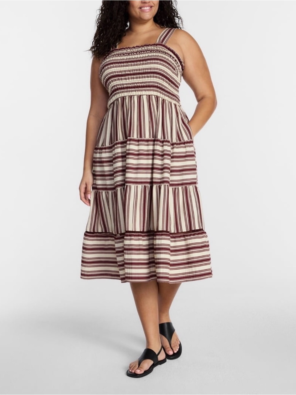 Terra & Sky Cream and Burgundy Striped Smocked Midi Dress 4X (28W-30W)